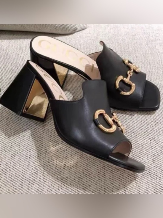 Shoes - NWT Black Open-Toe Mule with Gold Horsebit Hardware